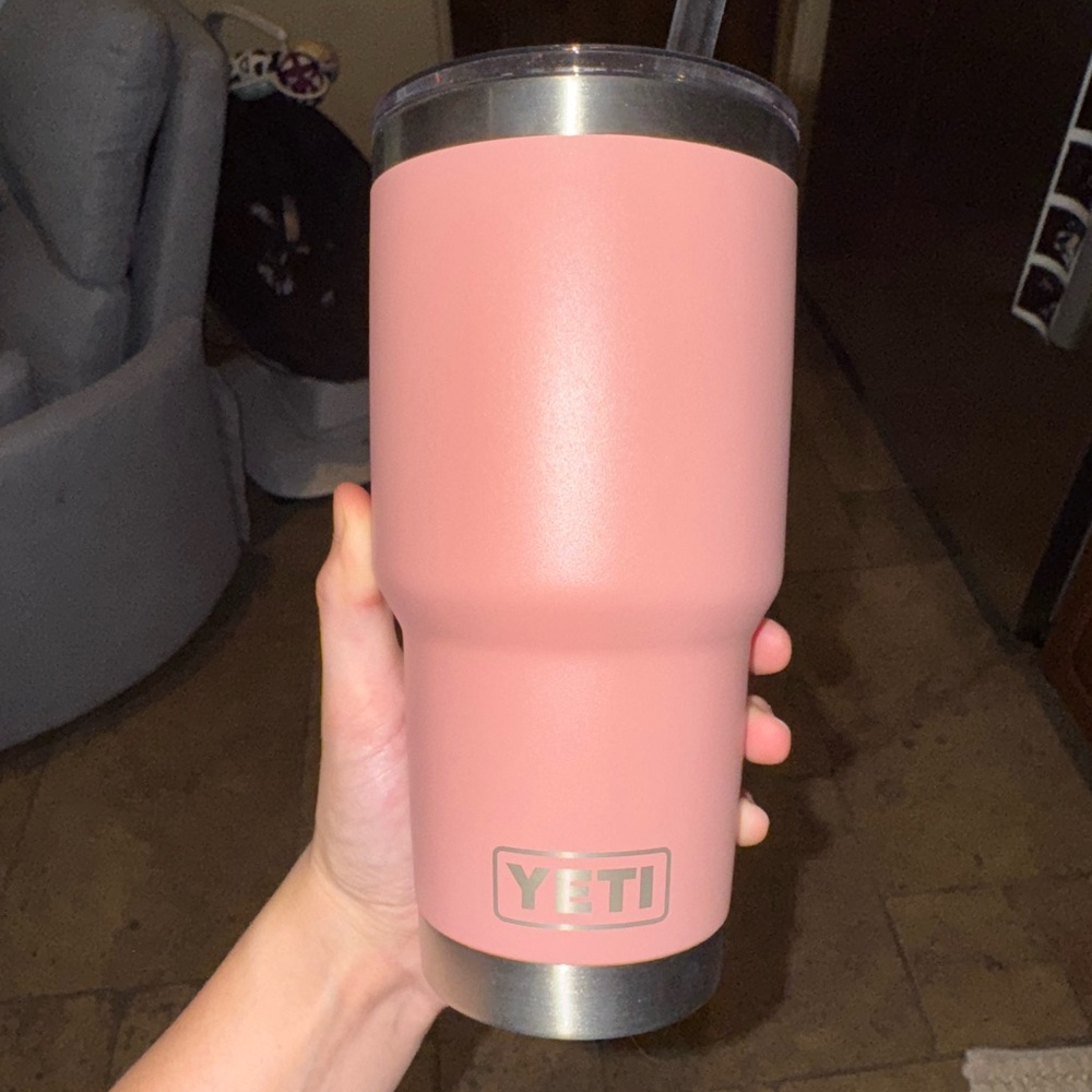 YETI Coral/ Pink Tumbler with Silver Accents